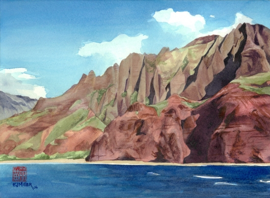 Na Pali Coast, Kalalau Kauai watercolor painting - Artist Emily Miller's Hawaii artwork of kalalau, beach, ocean, cliffs, na pali art