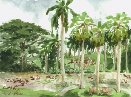 Plein Air at The Valley House Kauai watercolor painting - Artist Emily Miller's Hawaii artwork of palms, palm trees art