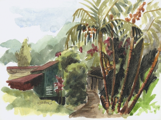 Plein Air, Kalihiwai Cottage Kauai watercolor painting - Artist Emily Miller's Hawaii artwork of palm trees, house art