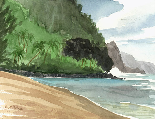 Plein Air at Kee Beach Kauai watercolor painting - Artist Emily Miller's Hawaii artwork of ke'e beach, haena, palm trees, cliffs, na pali, ocean, beach art