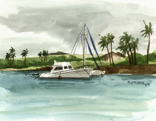 Catamaran at Kukuiula Harbor, plein air Kauai watercolor painting - Artist Emily Miller's Hawaii artwork of boats, fishing, poipu, kukuiula, catamaran, ocean art