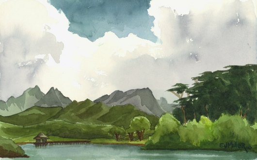 Gazebo on the Lake, Kauai Ranch - Plein Air Kauai watercolor painting - Artist Emily Miller's Hawaii artwork of lake, mountains art