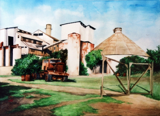 Koloa Sugar Mill Kauai watercolor painting - Artist Emily Miller's Hawaii artwork of sugar mill, koloa art