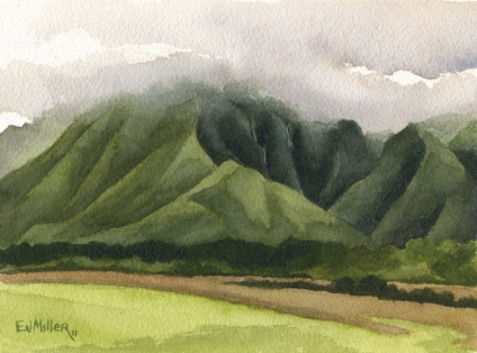 Wailua mountain waterfalls Kauai watercolor painting - Artist Emily Miller's Hawaii artwork of green, mountain, waterfalls, kapaa, wailua art