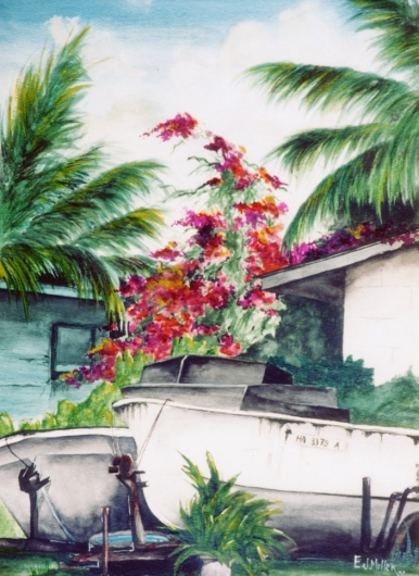 Puhi Kauai watercolor painting - Artist Emily Miller's Hawaii artwork of flowers, bougainvillea, boats, fishing, palm trees art