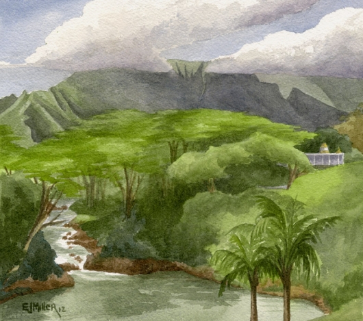 Plein air at Kauai's Hindu Monastery Kauai watercolor painting - Artist Emily Miller's Hawaii artwork of mountain, river, monastery, wailua, kapaa art