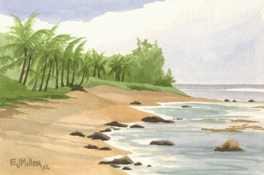 Plein Air at Haena Point Kauai watercolor painting - Artist Emily Miller's Hawaii artwork of palm trees, ocean, beach, haena art