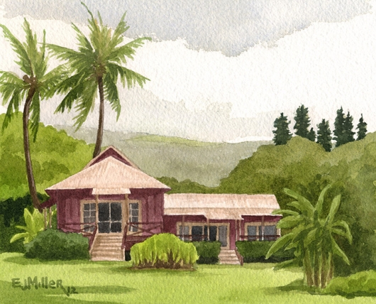 Red Cottages Kauai watercolor painting - Artist Emily Miller's Hawaii artwork of palms, palm trees, house, waimea plantation cottages, waimea art