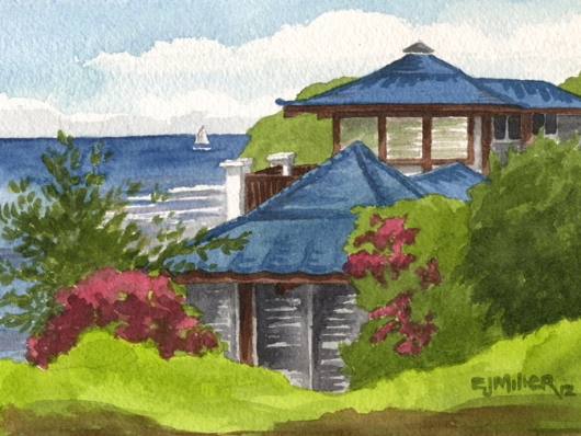 Blue Roofs Kauai watercolor painting - Artist Emily Miller's Hawaii artwork of sailboat, house, anahola, aliomanu, ocean art