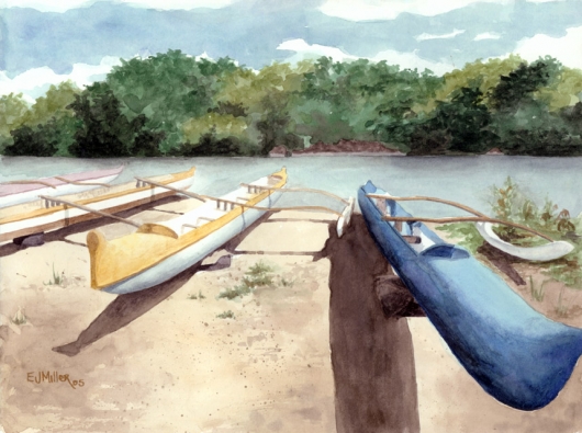 Waimea Outriggers Kauai watercolor painting - Artist Emily Miller's Hawaii artwork of boats, waimea, canoes, river, beach art