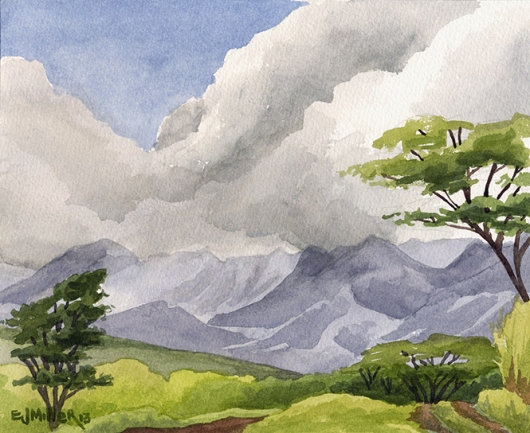Mountain View from Three Corner Ranch Kauai watercolor painting - Artist Emily Miller's Hawaii artwork of mountains, lihue art
