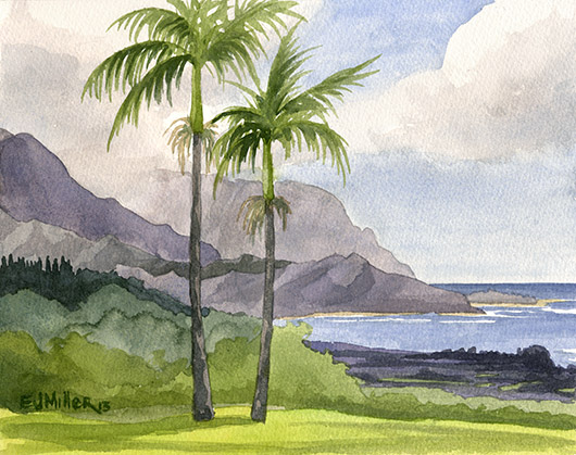 Hanalei Bay From Po'oku - Kauai Artwork, Hawaii Watercolor Painting By Artist Emily Miller, Bali Hai, Palm Trees, Princeville, Hanalei Art