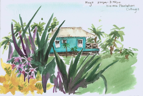 Blue Cottage at Waimea Plantation Cottages - Pochade Challenge Kauai watercolor painting - Artist Emily Miller's Hawaii artwork of house, waimea plantation cottages, waimea art