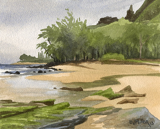 Low Tide at Haena stream Kauai watercolor painting - Artist Emily Miller's Hawaii artwork of ke'e beach, haena, stream, beach, ocean art