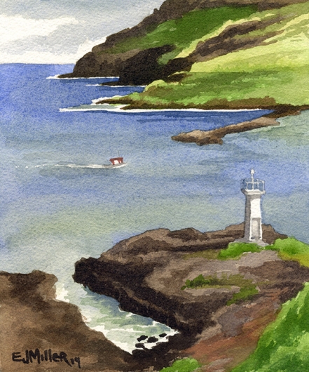 Plein Air at Kalapaki Lighthouse Kauai watercolor painting - Artist Emily Miller's Hawaii artwork of kalapaki, lihue, lighthouse, bay, ocean, cliffs art