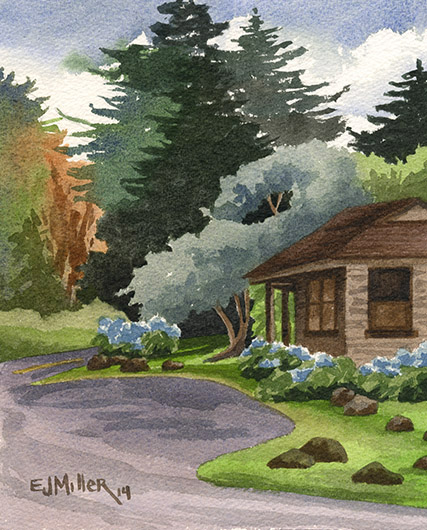 Kokee State Park Headquarters Kauai watercolor painting - Artist Emily Miller's Hawaii artwork of  art