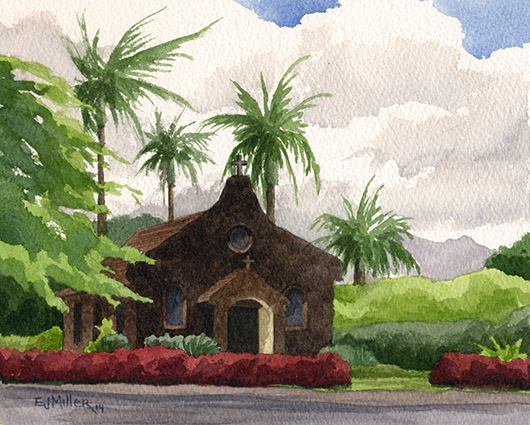 Kilauea Stone Church Kauai watercolor painting - Artist Emily Miller's Hawaii artwork of church, kilauea art