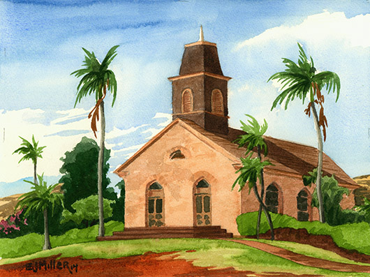 Waimea United Church of Christ, Kauai Kauai watercolor painting - Artist Emily Miller's Hawaii artwork of church, waimea art