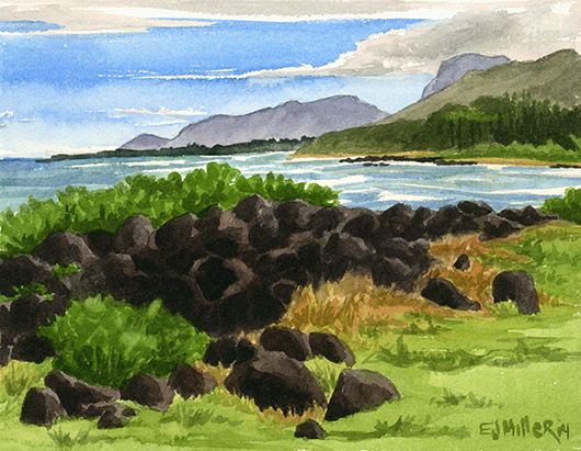 Kukui Heiau Kauai watercolor painting - Artist Emily Miller's Hawaii artwork of kapaa, heiau, beach, ocean art
