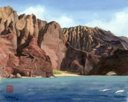Na Pali Arch Kauai watercolor painting - Artist Emily Miller's Hawaii artwork of mountains, cliffs, ocean, na pali, beach, honopu art