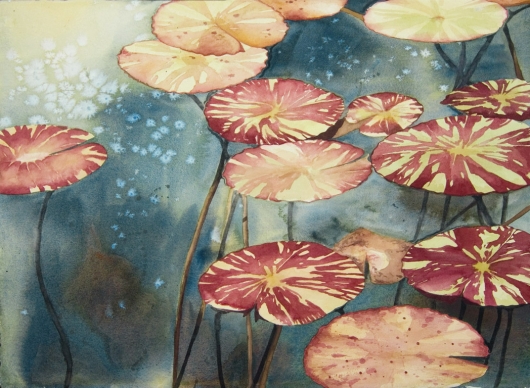 Pads (commission) Kauai watercolor painting - Artist Emily Miller's Hawaii artwork of lily pads art