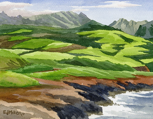Hanapepe Pastures Kauai watercolor painting - Artist Emily Miller's Hawaii artwork of hanapepe art