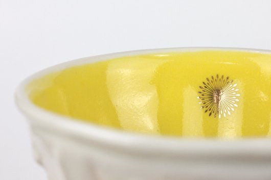 Gold detail sparkles in the light Urchin Rice Bowl - White & Yellow, Urchin Bowls -  artwork by Emily Miller