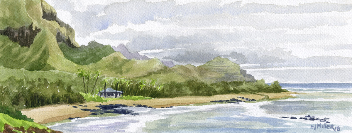 Gillin's Beach, Mahaulepu Kauai watercolor painting - Artist Emily Miller's Hawaii artwork of  art