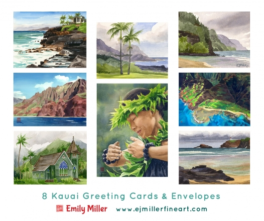 Greeting card set - Hawaii Kauai watercolor painting - Artist Emily Miller's Hawaii artwork of  art
