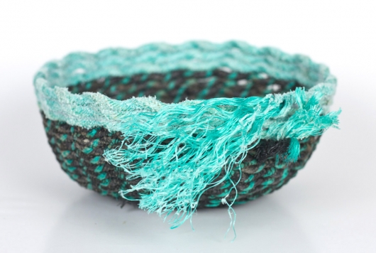  Aqua Lip Black Bowls, Ghost Net Baskets -  artwork by Emily Miller