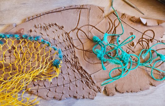 Process image creating texture with ghost net Urchin Rice Bowl - Lavender & Cobalt, Urchin Bowls -  artwork by Emily Miller