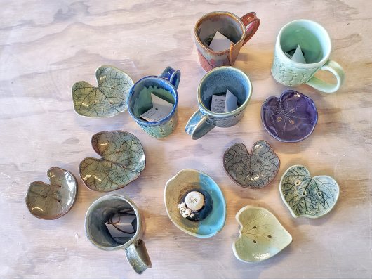 Shown with Net Mugs Leaf Soap Dishes, Ceramics -  artwork by Emily Miller